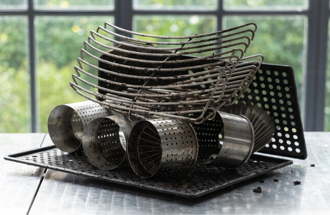 a-detailed-view-of-disassembled-bbq-components---g Disassembled BBQ grates and drip trays ready for professional sanitising and disinfection