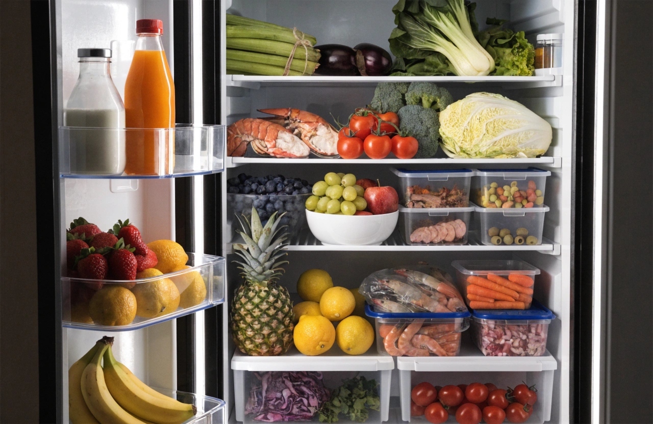 Well-stocked family fridge with fresh food and clean interior shelves