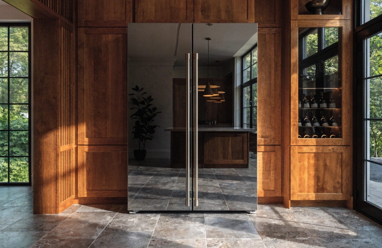 a-gleaming-stainless-steel-fridge-exterior-in-a-mo Spotlessly clean stainless steel fridge exterior in a modern Newcastle home kitchen