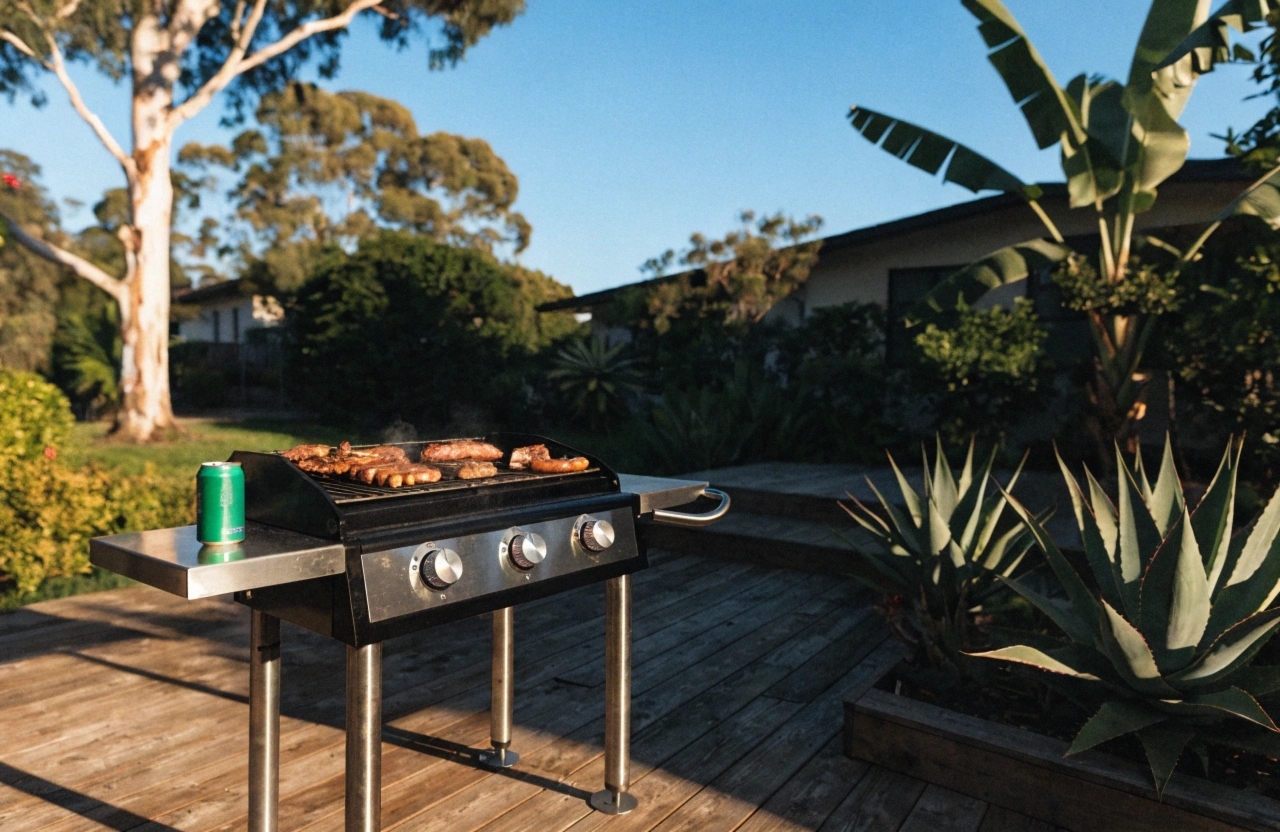 a-photographic-wide-shot-of-a-four-burner-gas-bbq- Gas BBQ on a timber deck in a Newcastle coastal backyard ready for weekend grilling