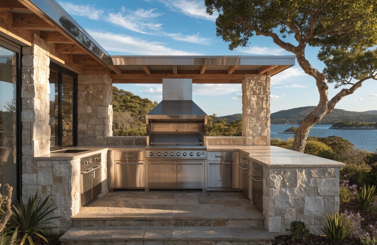 a-pristine-built-in-bbq-integrated-into-a-high-end Built-in BBQ integrated into outdoor kitchen with stone benchtops in Newcastle backyard