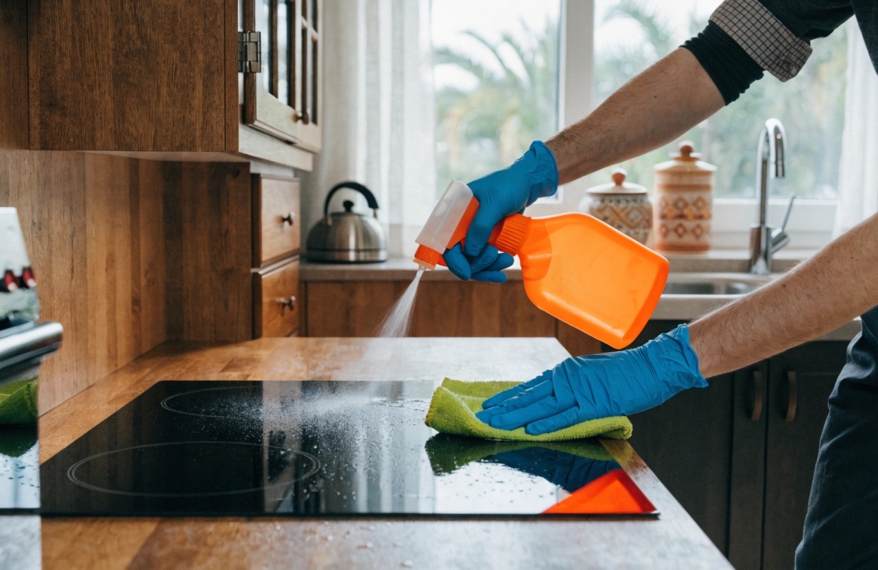 Professional cooktop cleaning service being applied to a ceramic glass cooktop