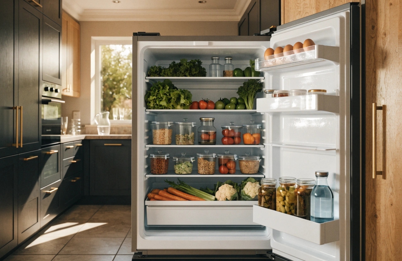 Clean open fridge interior with organised shelves and fresh produce in a Newcastle home kitchen