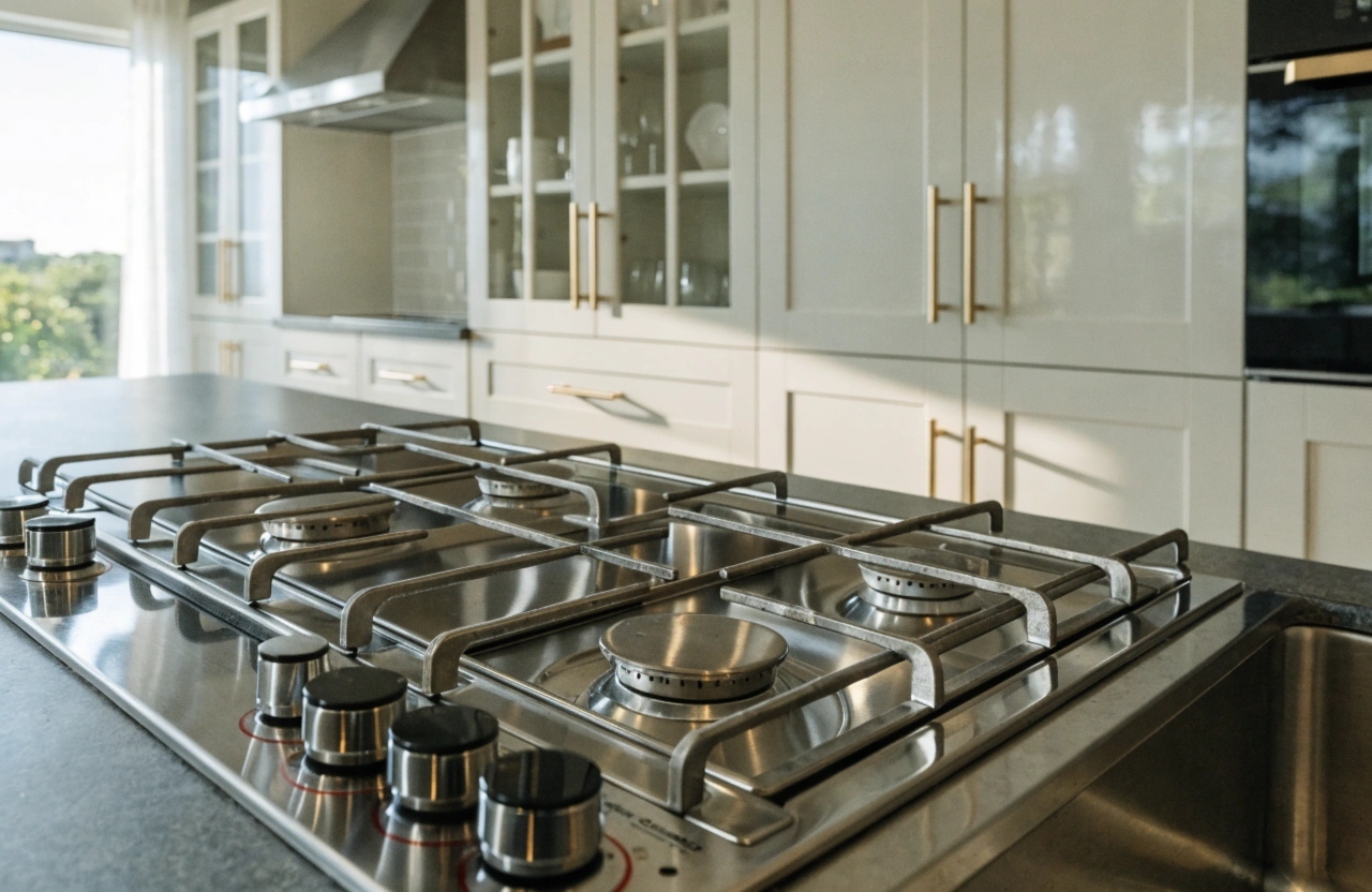 Clean gas cooktop with polished burner grates in a Newcastle home kitchen