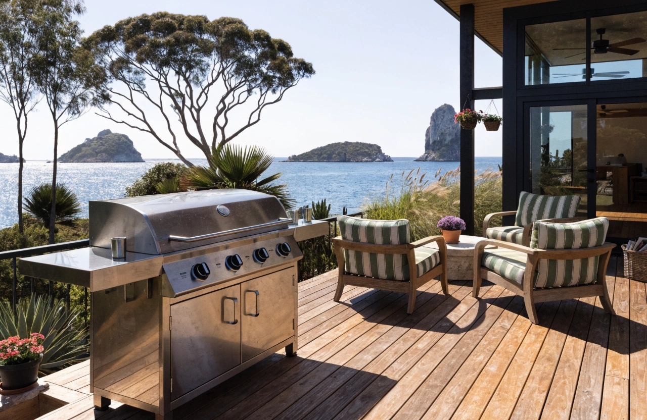 a-spotlessly-clean-stainless-steel-four-burner-gas Professional BBQ cleaning Port Stephens — clean gas BBQ on coastal deck overlooking Port Stephens bay