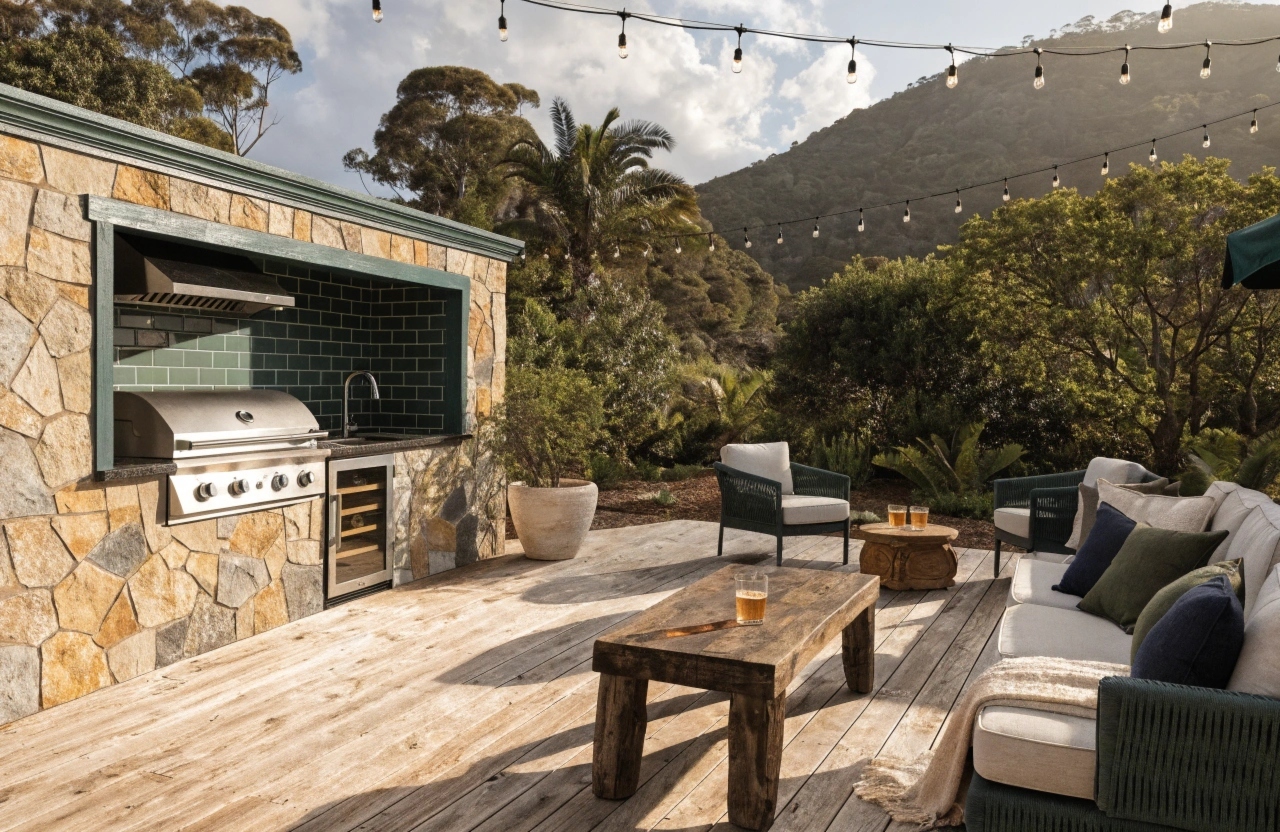 a-wide-shot-of-a-beautiful-australian-outdoor-ente Australian outdoor entertaining area with built-in BBQ kitchen setup on a timber deck in a Newcastle backyard
