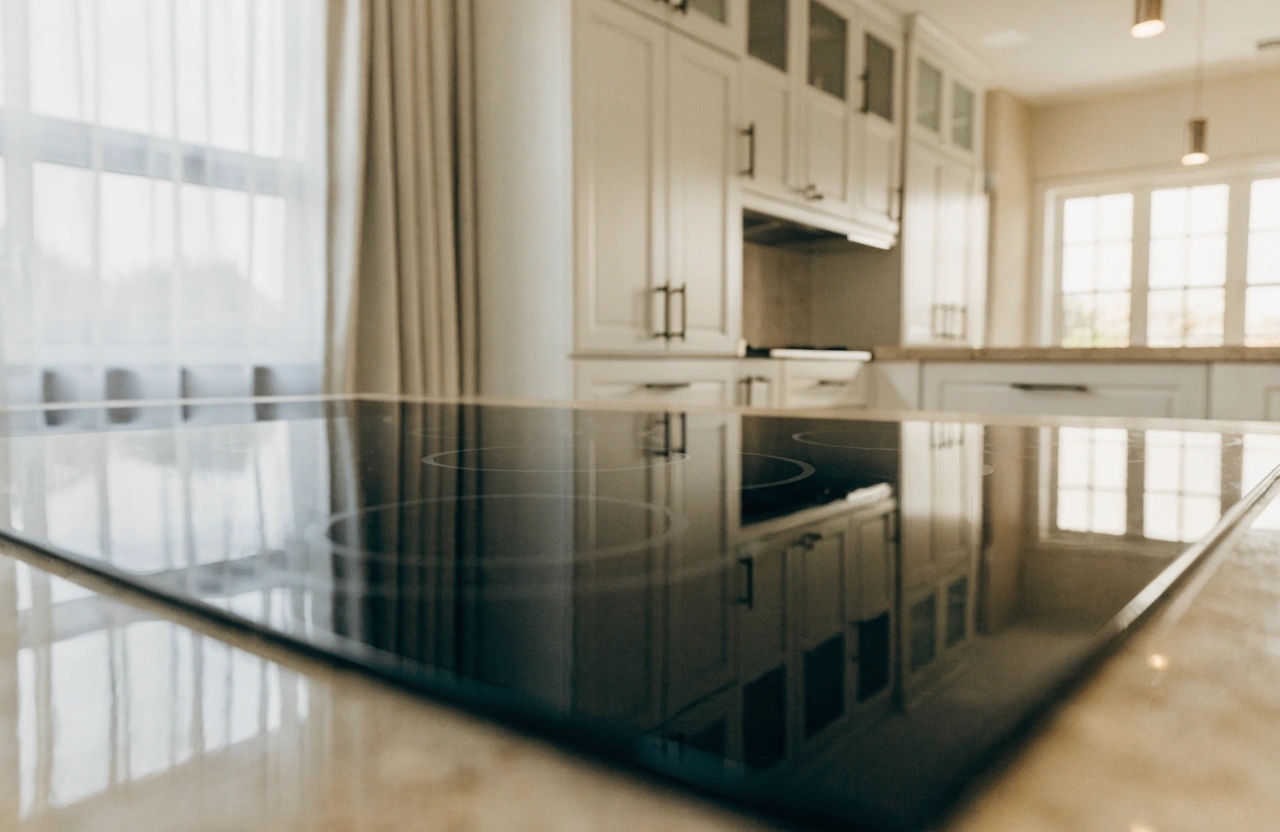 close-up-image-of-a-gleaming-black-induction-cookt Spotless induction cooktop in a modern Australian residential kitchen