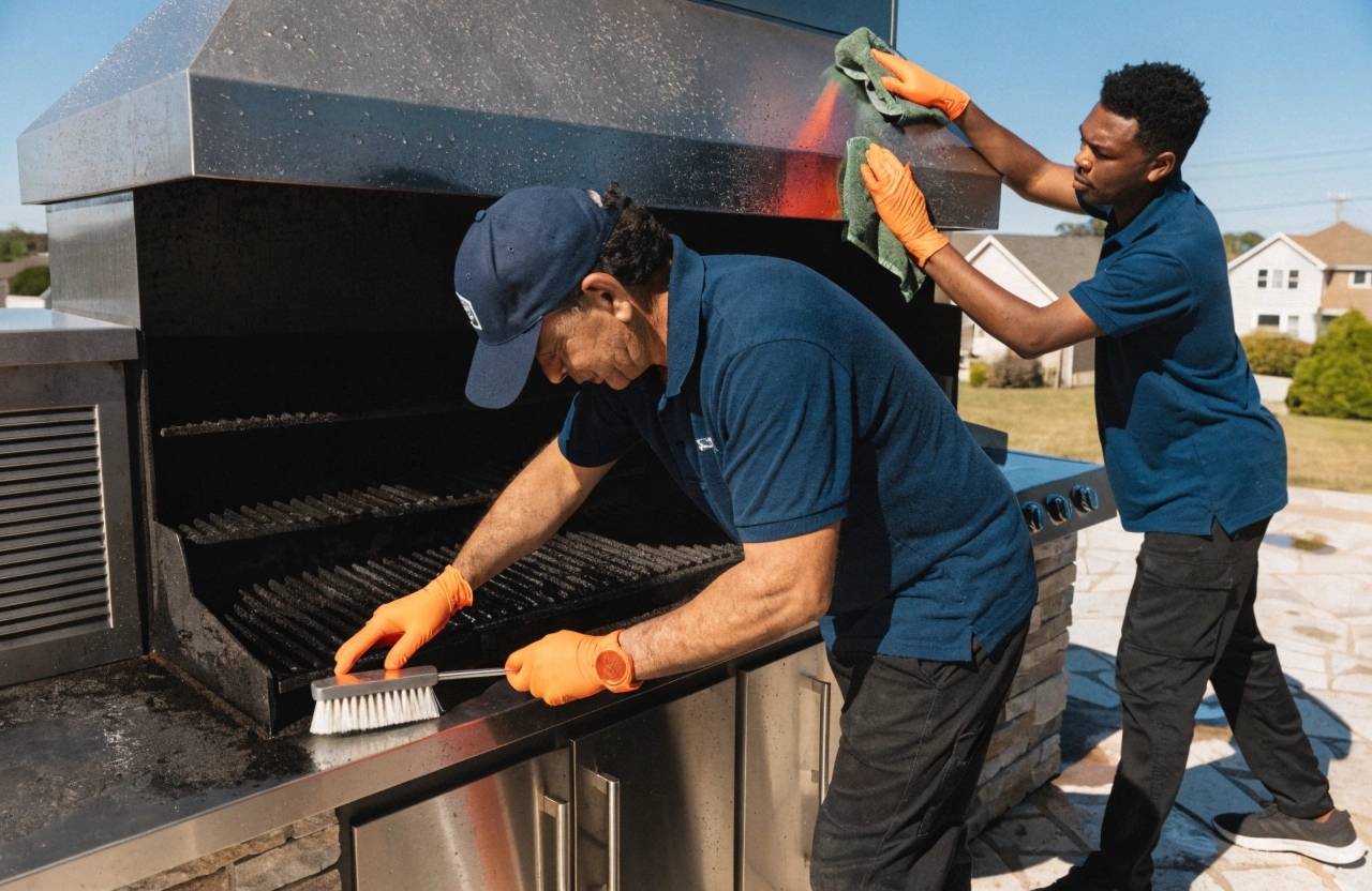 two-professional-cleaners-working-together-on-a-la Two professional BBQ cleaners working together on a built-in outdoor BBQ