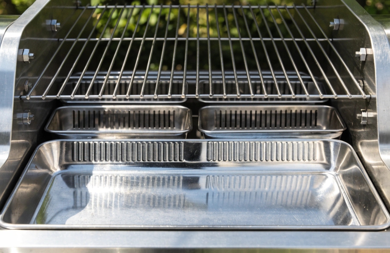 a-close-up-overhead-shot-of-a-clean--empty-bbq-dri Clean BBQ drip tray and grease channels after professional BBQ degreasing service in Newcastle