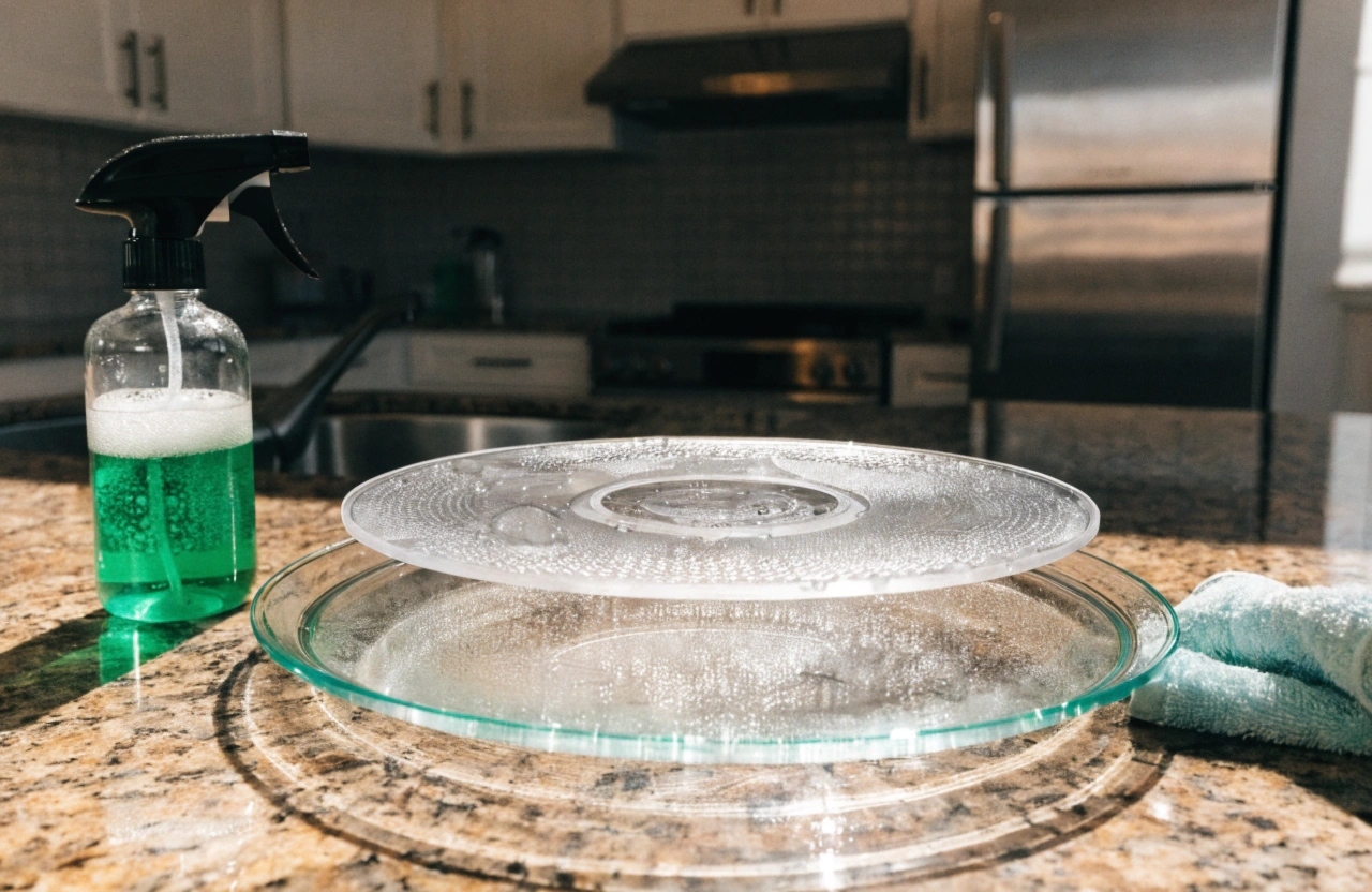 Microwave turntable plate being professionally cleaned on kitchen benchtop