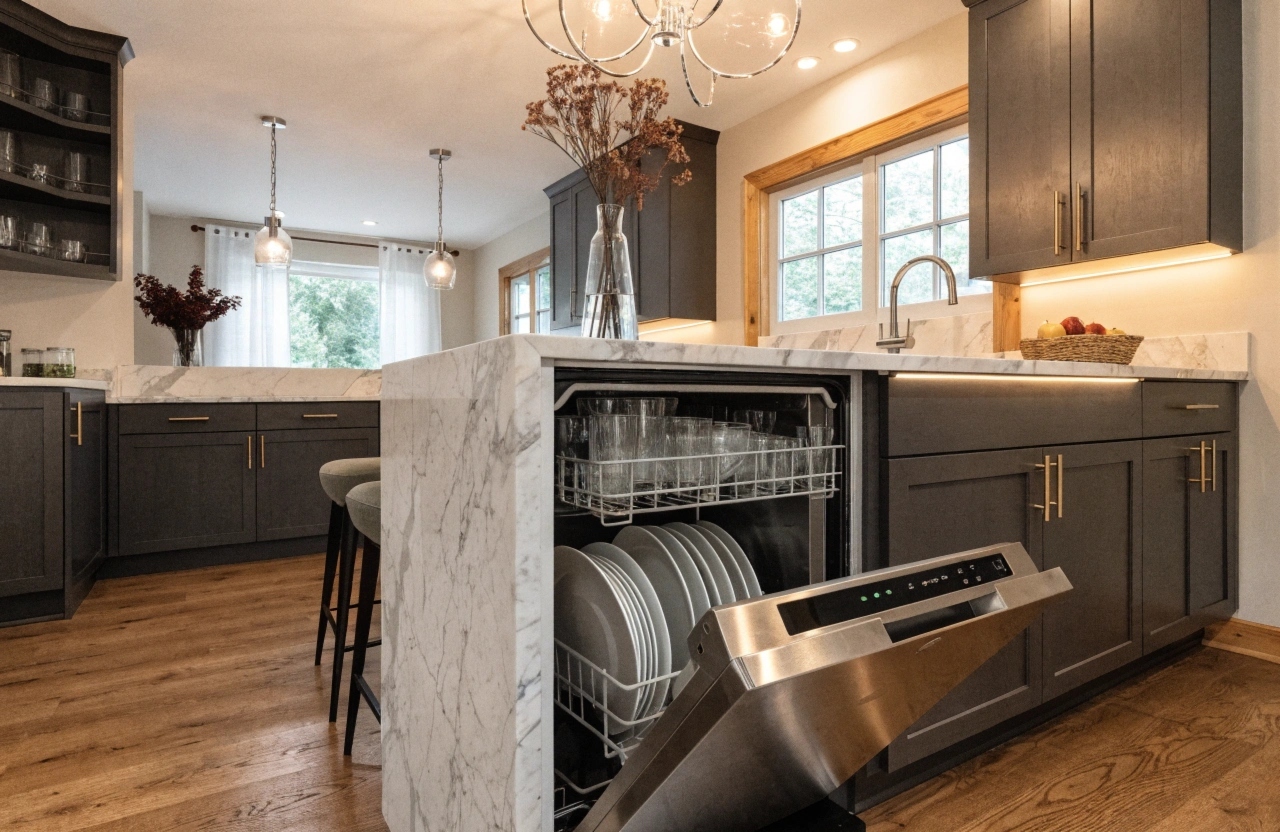 a-modern-australian-family-kitchen-with-a-fully-lo Family dishwasher in Newcastle home ready for professional cleaning service