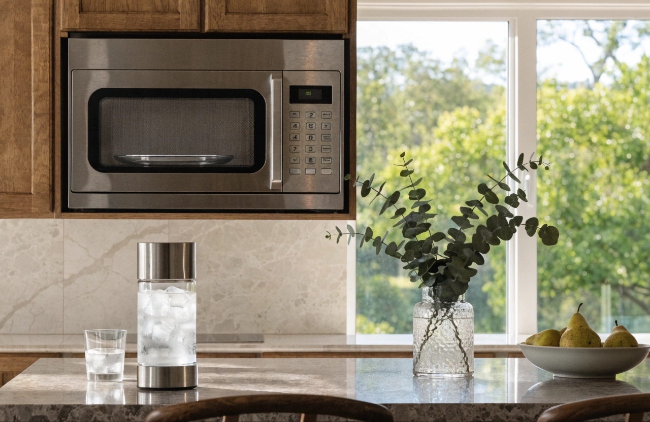 Clean stainless steel microwave in modern Australian residential kitchen