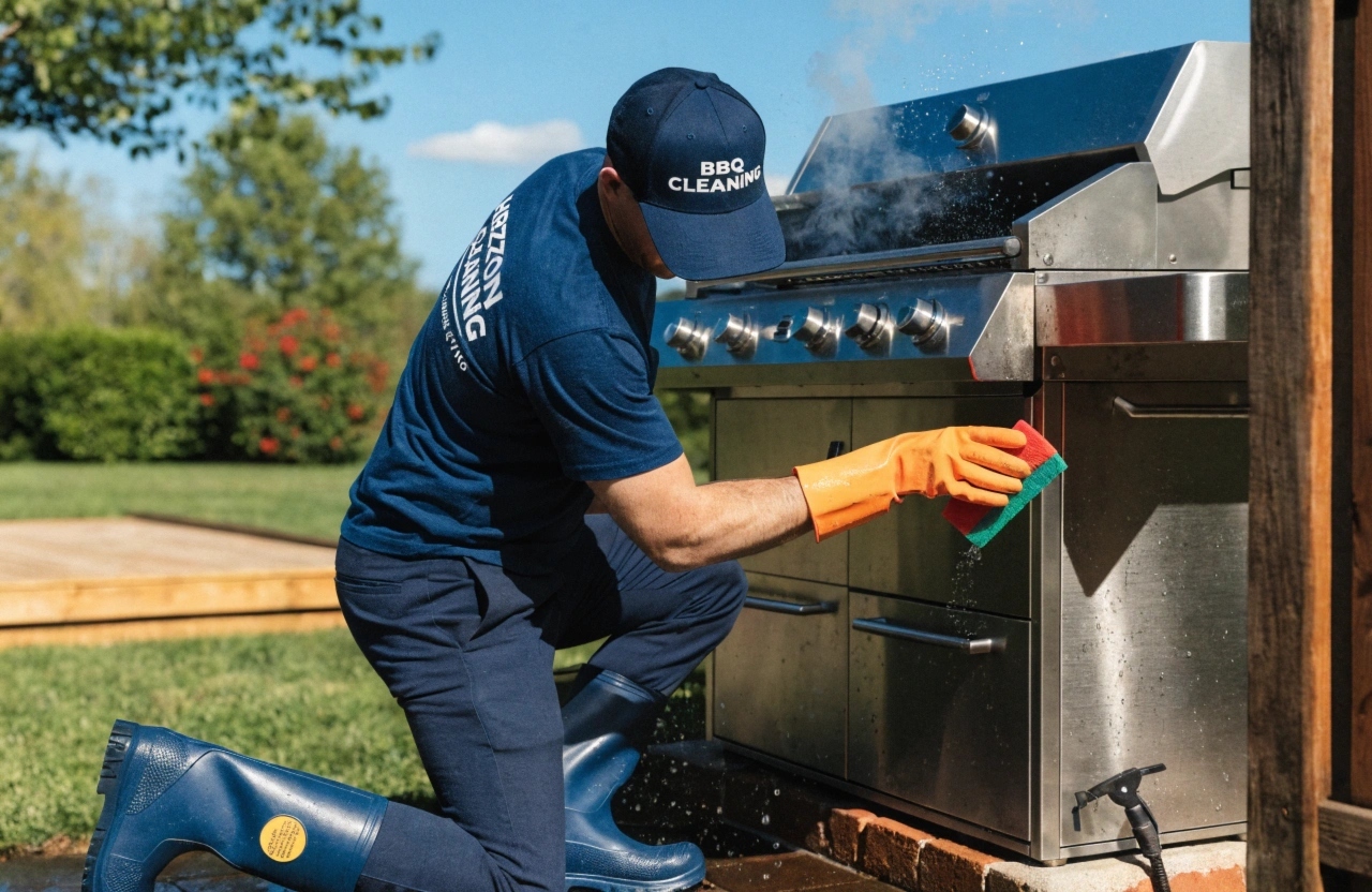 a-professional-bbq-cleaner-in-a-branded-uniform-cl Professional BBQ cleaner servicing a gas BBQ in a Central Coast backyard
