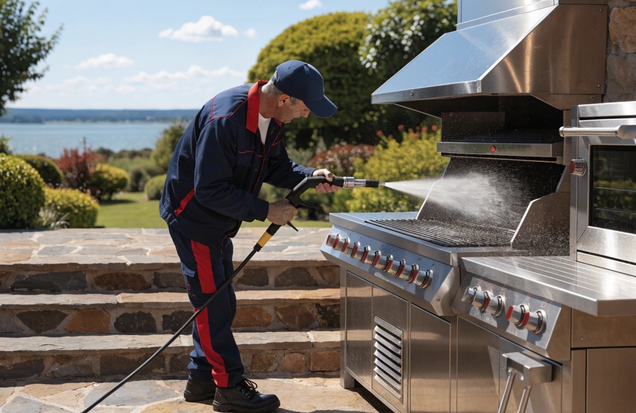 a-professional-bbq-cleaner-working-on-a-large-stai Professional BBQ cleaning service at a Lake Macquarie residential property