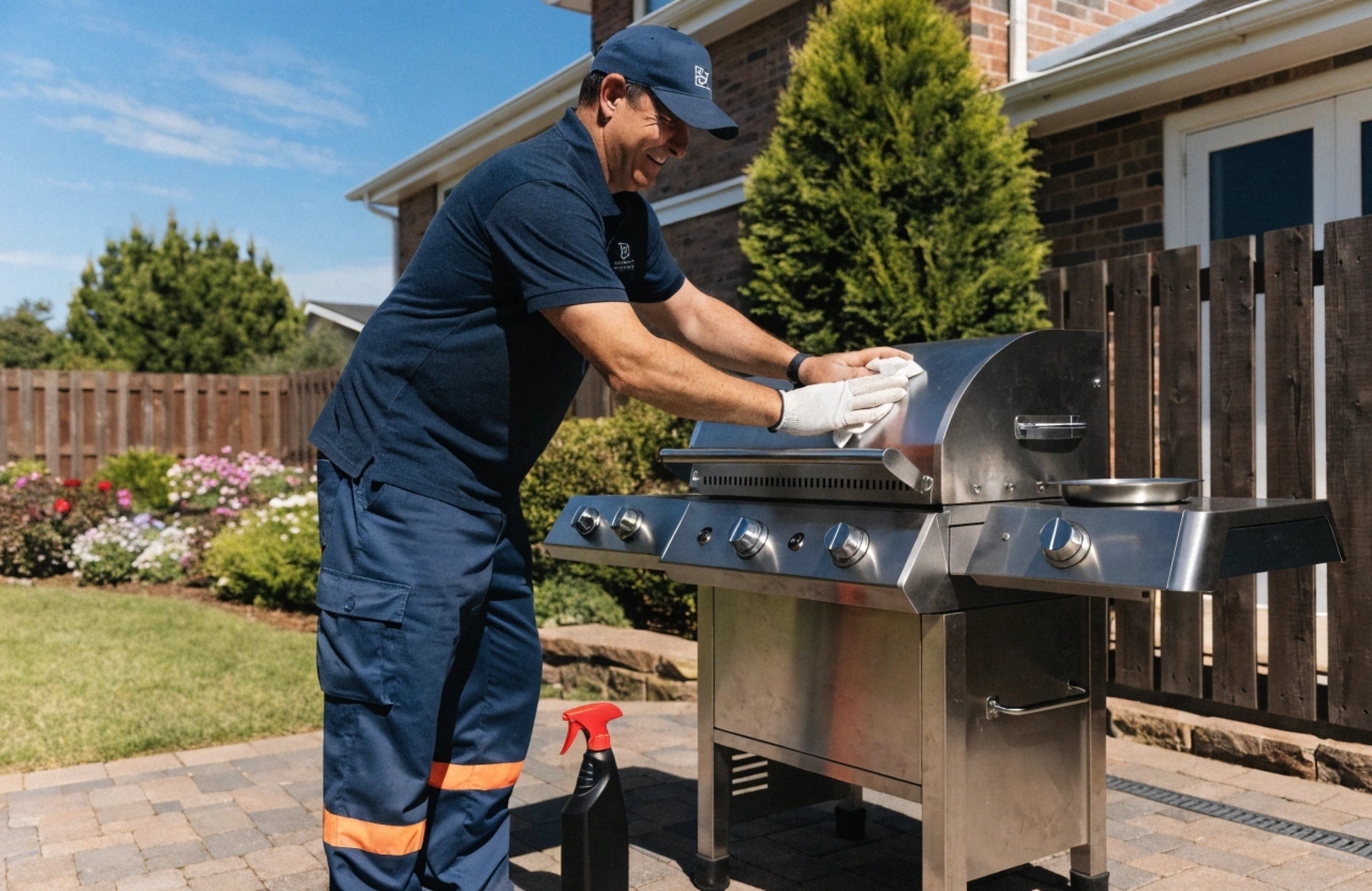 a-smiling-male-bbq-cleaning-technician-in-a-brande Professional BBQ cleaner servicing a gas BBQ at a Maitland home